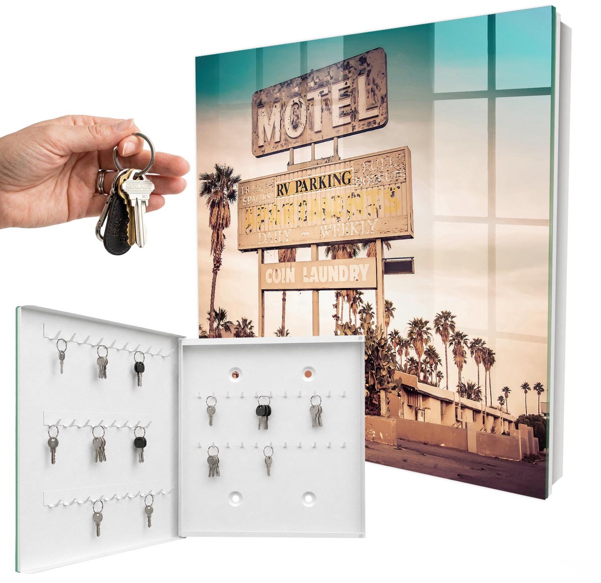 WallMuralia - Sleutelkast - 30x30x5 cm - met 50 haken - Retro Motel Sleutelkastje Binnen - Beige Sleutelbox - Linksopenend - Wit interieur