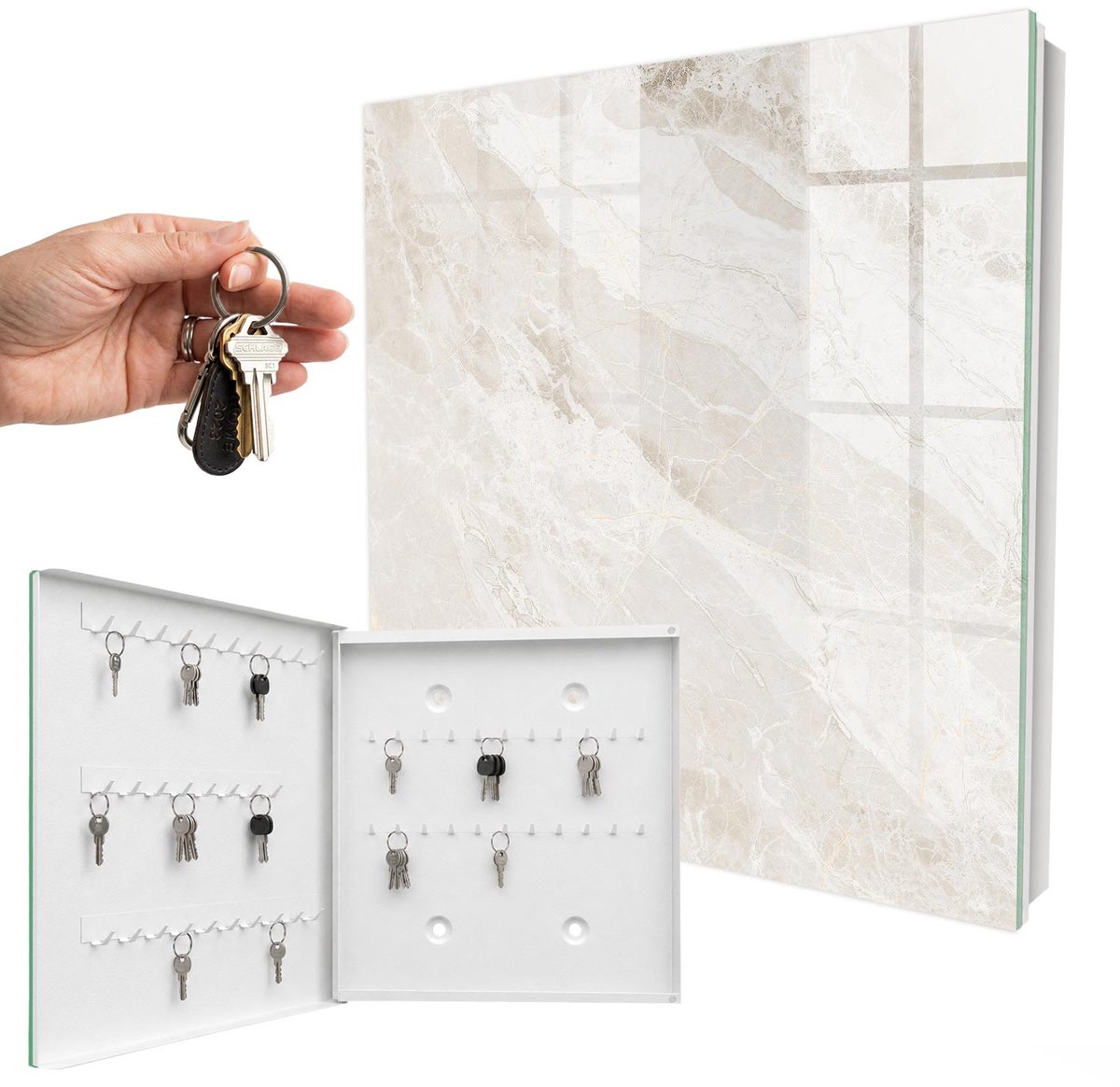 WallMuralia - Sleutelkast - 30x30x5 cm - met 50 haken - Neutraal Marmer Sleutelkastje Voor Binnen - Beige Sleutelbox - Linksopenend - Wit interieur