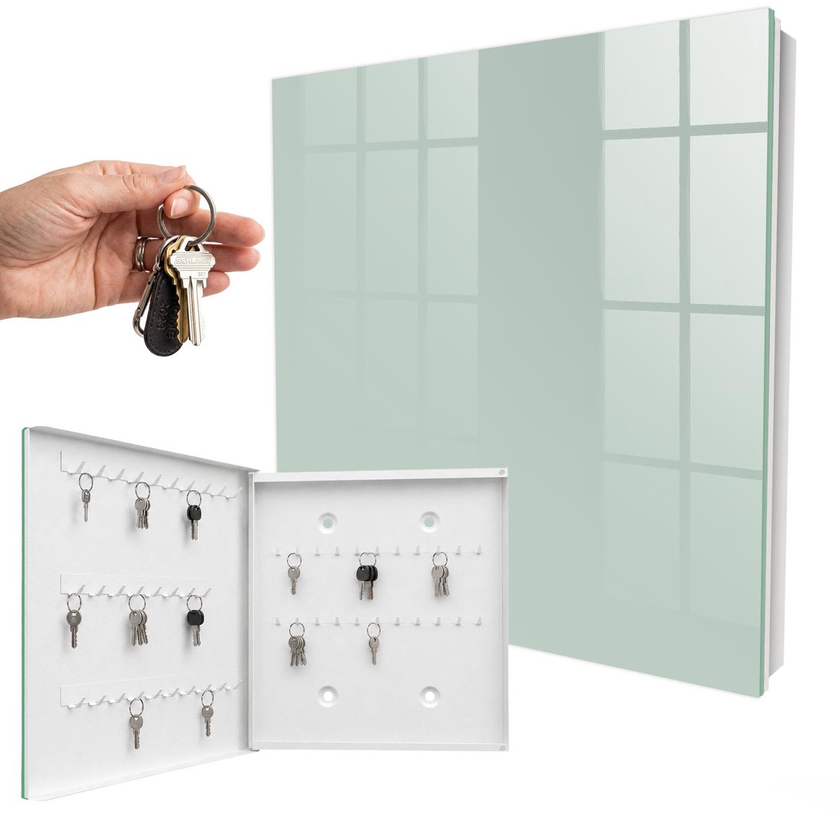 WallMuralia - Sleutelkast - 30x30x5 cm - met 50 haken - Lichte Munt Sleutelkastje Huis - Groente Sleutelbox - Linksopenend - Wit interieur
