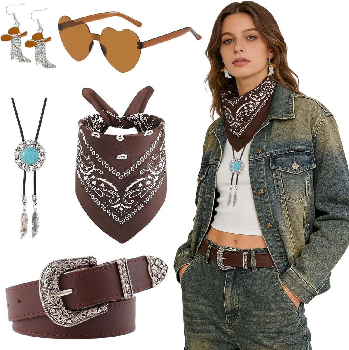 7 stuks cowboy fancy jurk accessoireset, western cowboy outfit kit - bandana | holster | riem | bologesp | stropdas ketting | sheriff badge, voor carnaval fancing cosplay party