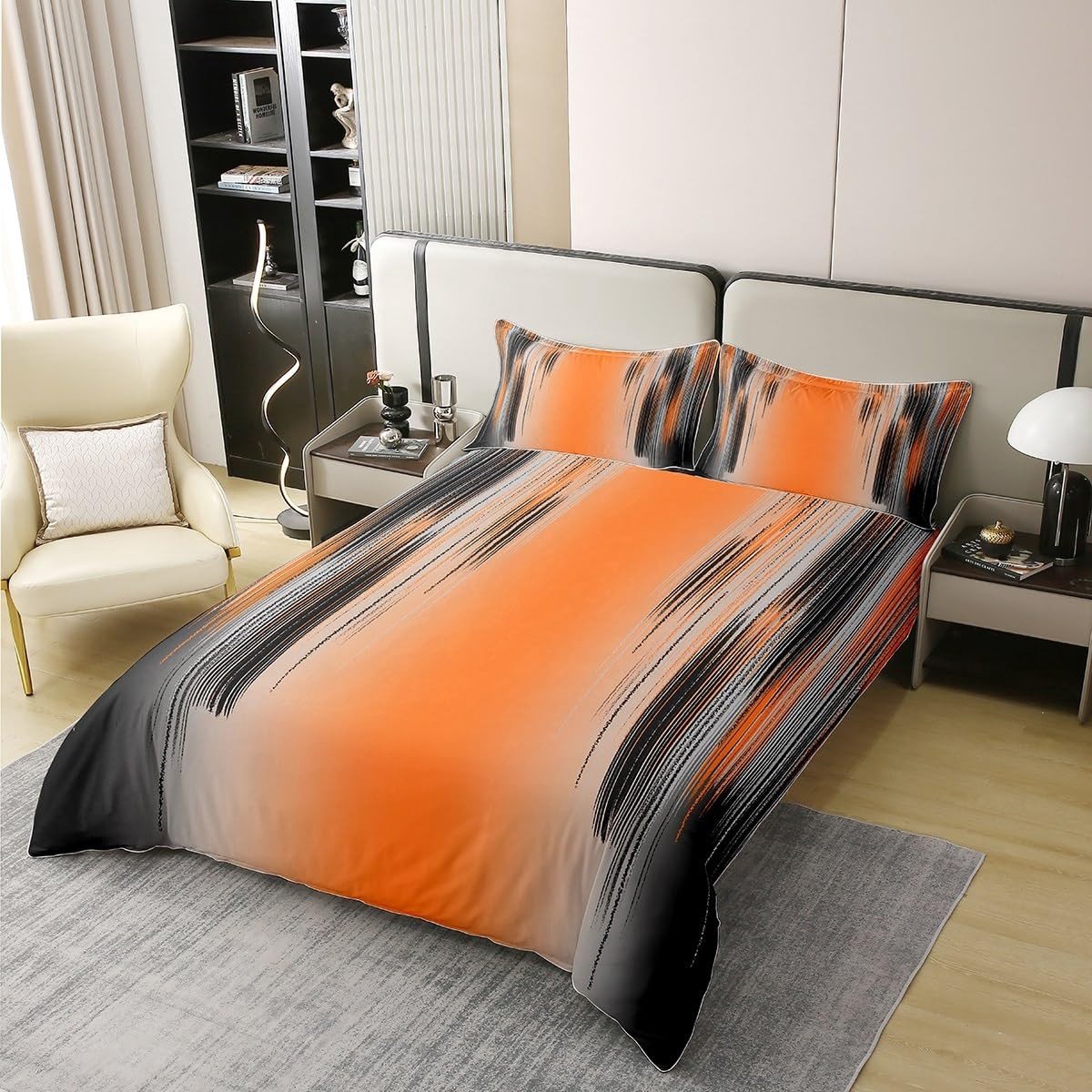 Omgoods - Modern Art Duvet Cover Set - King Size Oranje en Zwart Katoenen Beddegoed voor Kinderen en Volwassenen