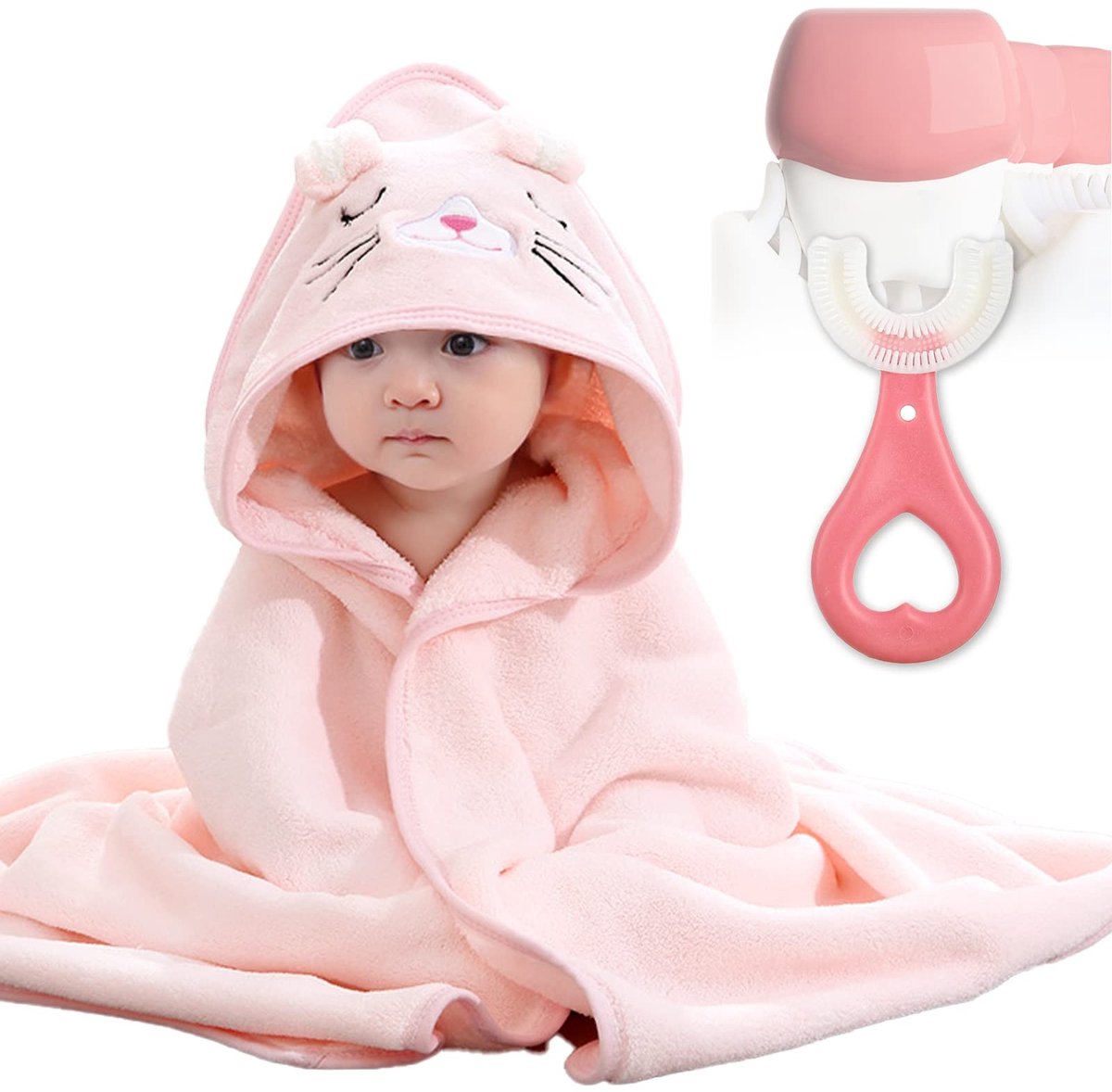 Omgoods - Babyhanddoek Set met Kap en Oortjes - Super Absorberend en Wasbaar in Roze