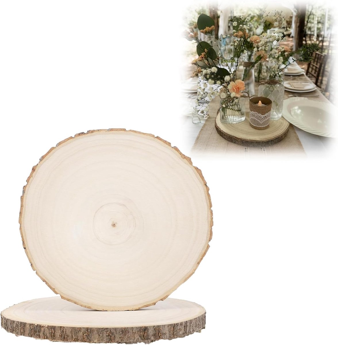 20-23 cm diameter houten schijven, houten plaat, rond, boomschijven, 1,5 cm dikke houten schijf voor bruiloft, tafeldecoratie, kerstdecoratie, knutselen, kerstornamenten, doe-het-zelf handwerk, 2