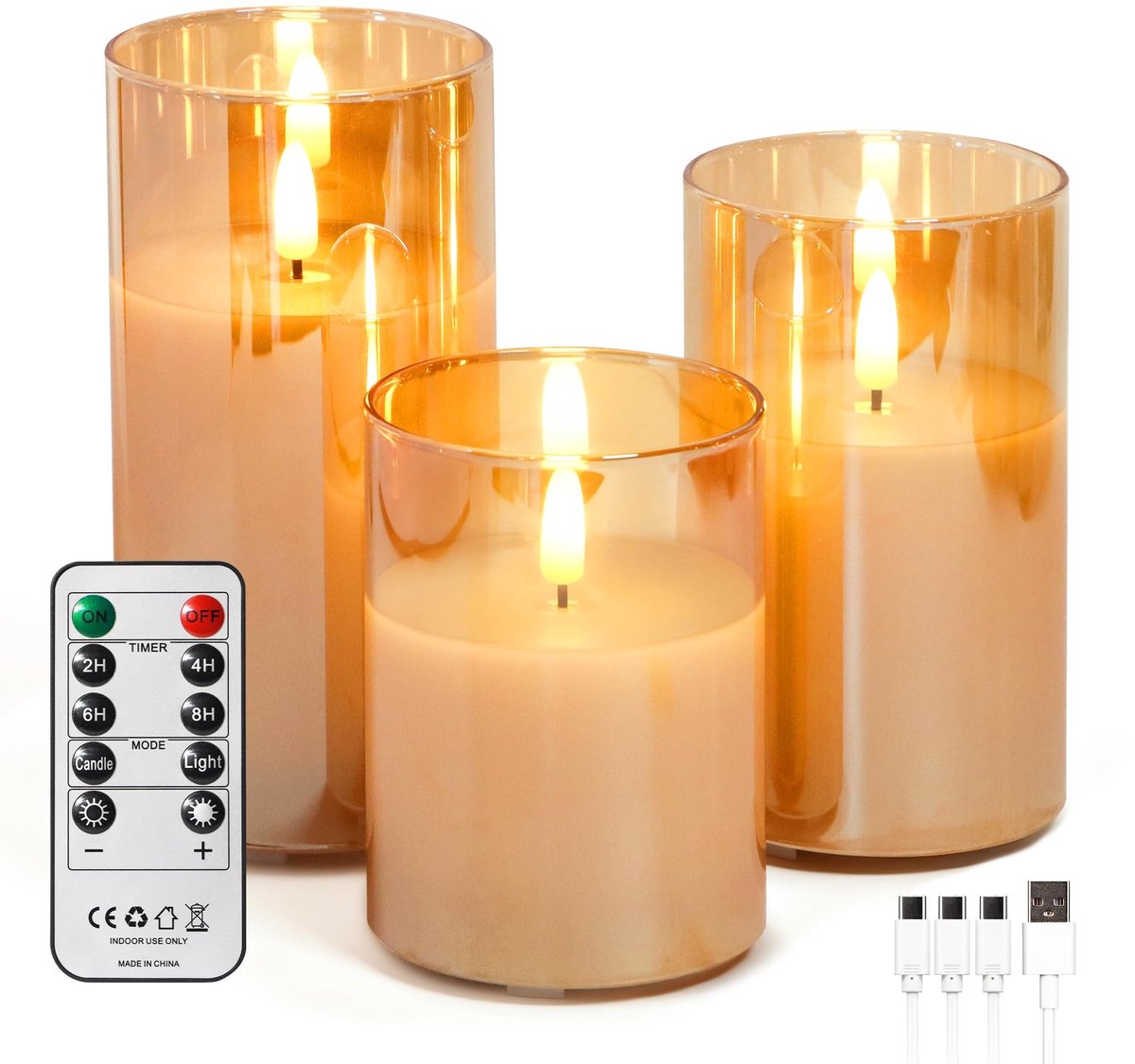 Omgoods - Set van 3 Oplaadbare LED Kaarsen met Afstandsbediening en Timer - Gouden Glas, Vlamloze Pillar Kaarsen