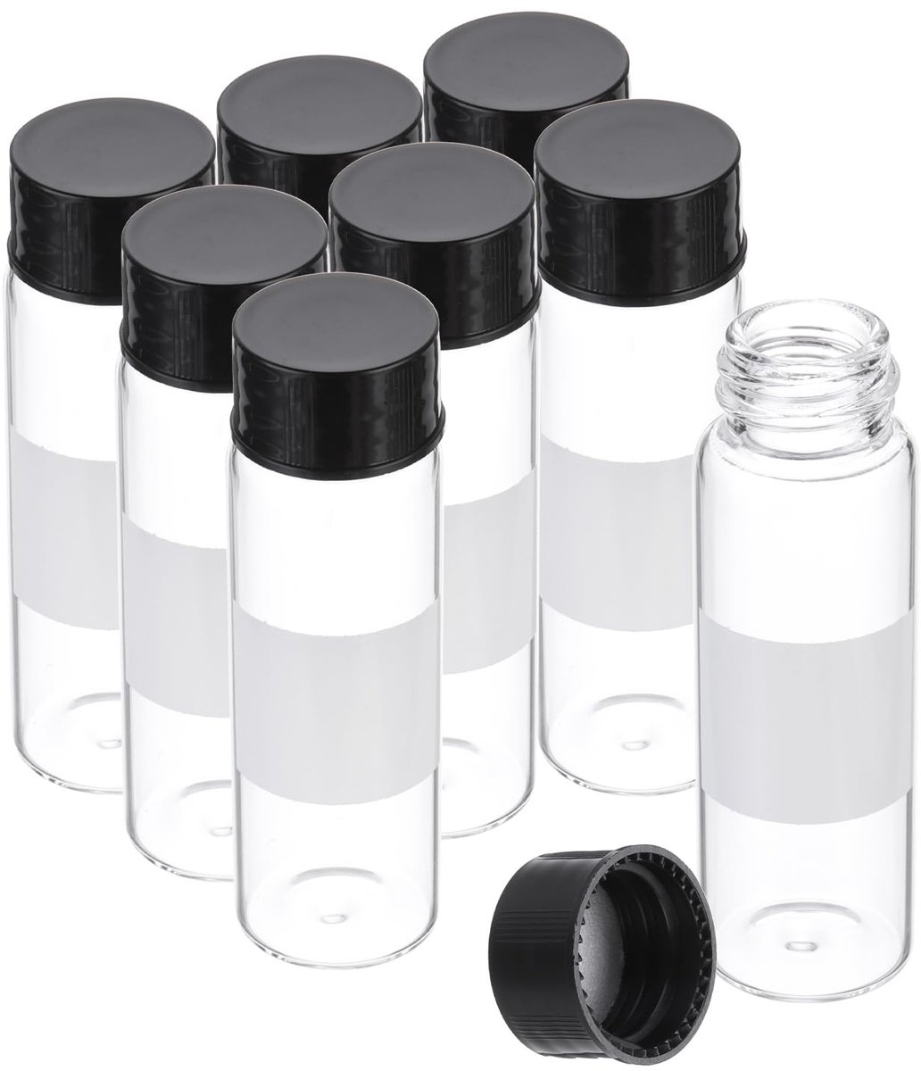 Omgoods - Set van 8 kleine glazen flesjes 15 ml met zwarte schroefdop