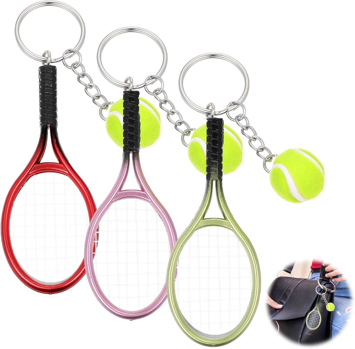 3 stuks tennisrackets, sleutelhanger, 3 kleuren, tennissleutelhanger, sport, sleutelhanger, mini-tennisbal, hanger, sportliefhebbers, cadeau voor heren, dames en meisjes