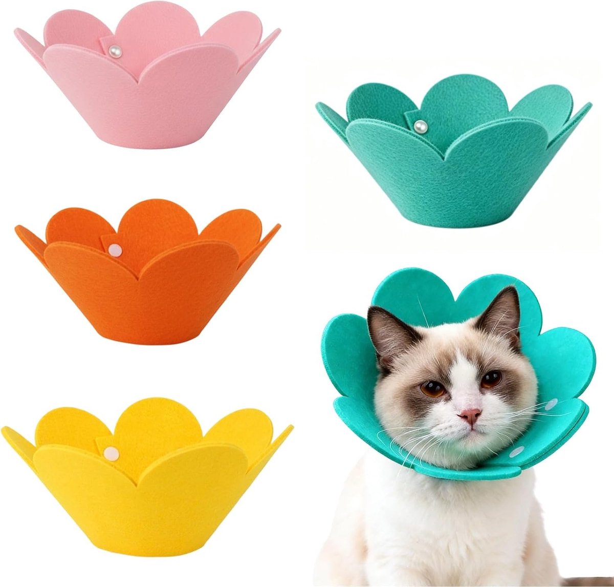 4 stuks, zonnebloem, zachte bescherming, geel, oranje, roze en blauw, beschermende kraag, ademend, instelbare anti-bijten, kattenhalsband voor katten, puppy's en kleine honden