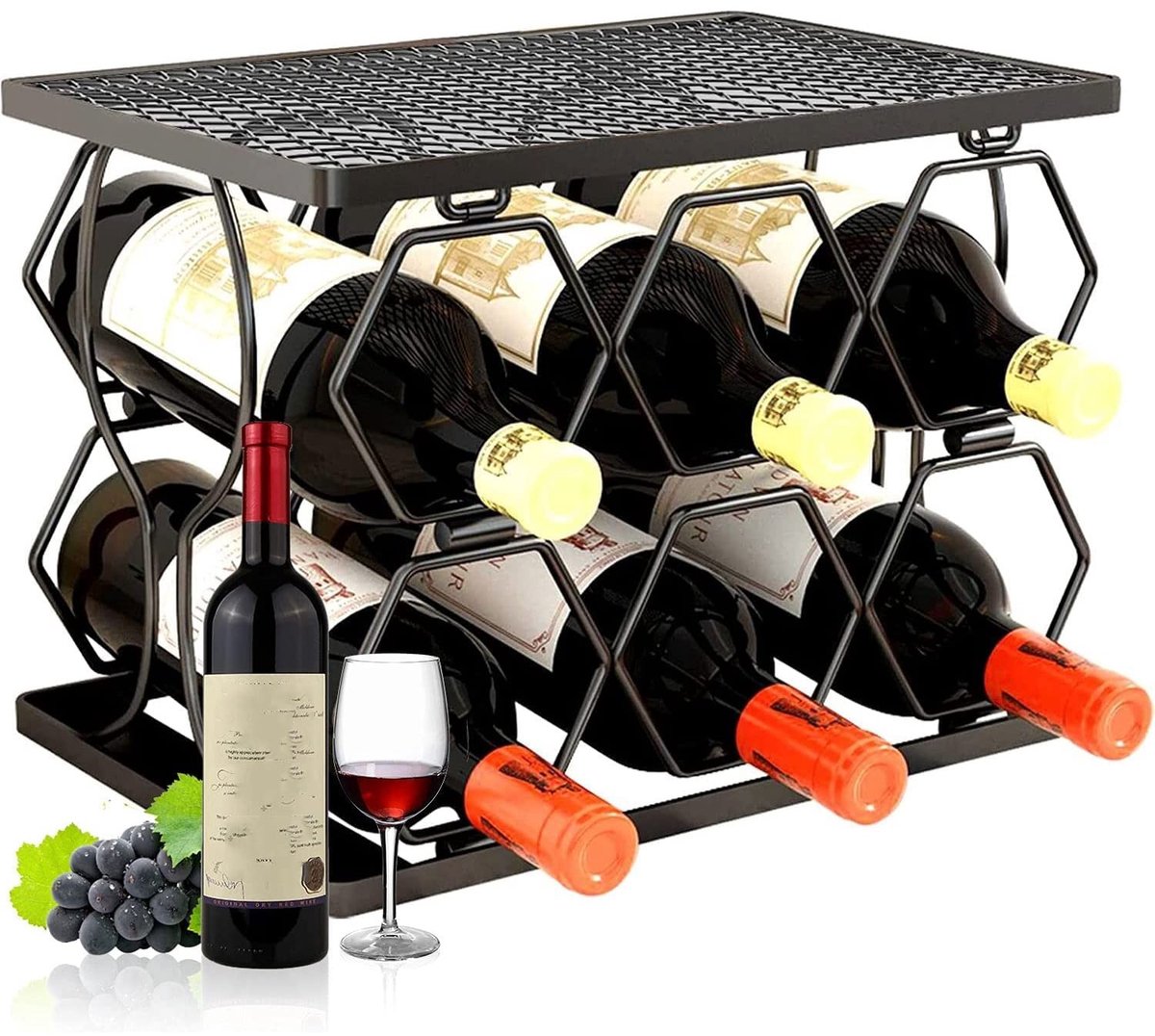 Omgoods - Vrijstaande Metalen Wijnrek - Houder voor 6 Flessen Wijn voor Tafel of Bar