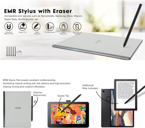 EMR Stylus Pen voor Remarkable 2 met gum, vervangende pen voor Remarkable Digital Paper, alternatief voor marker Plus, 4096 drukgevoeligheid, palmafwijzing, wordt geleverd met 5 penpunten — afbeelding 4