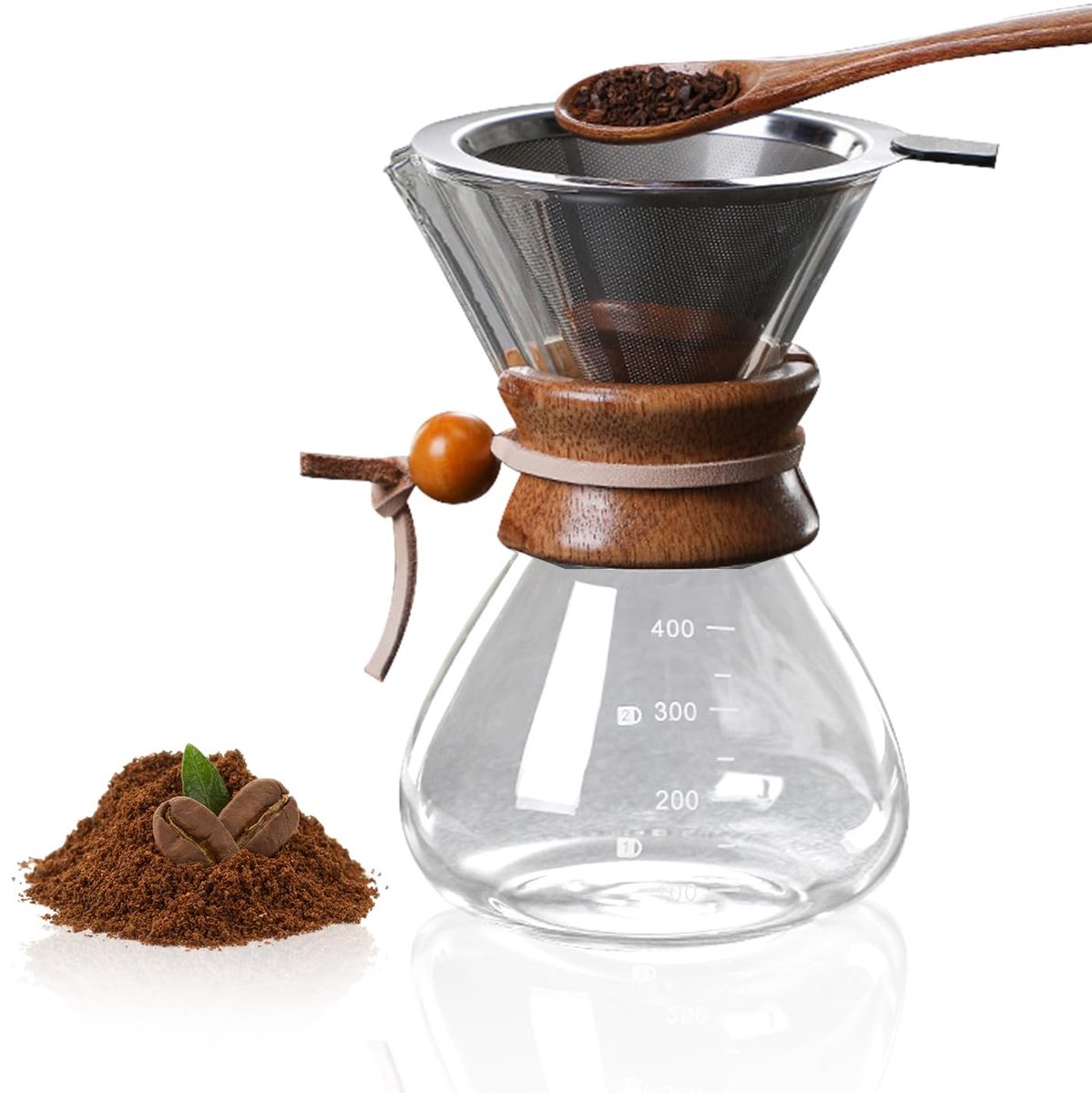 Omgoods- Koffiezetapparaat 400 ml - Koffiemachine voor infusie - Roestvrijstalen filter - Glas karaf - Compact formaat - Elegante houten hals - Koffiemaker