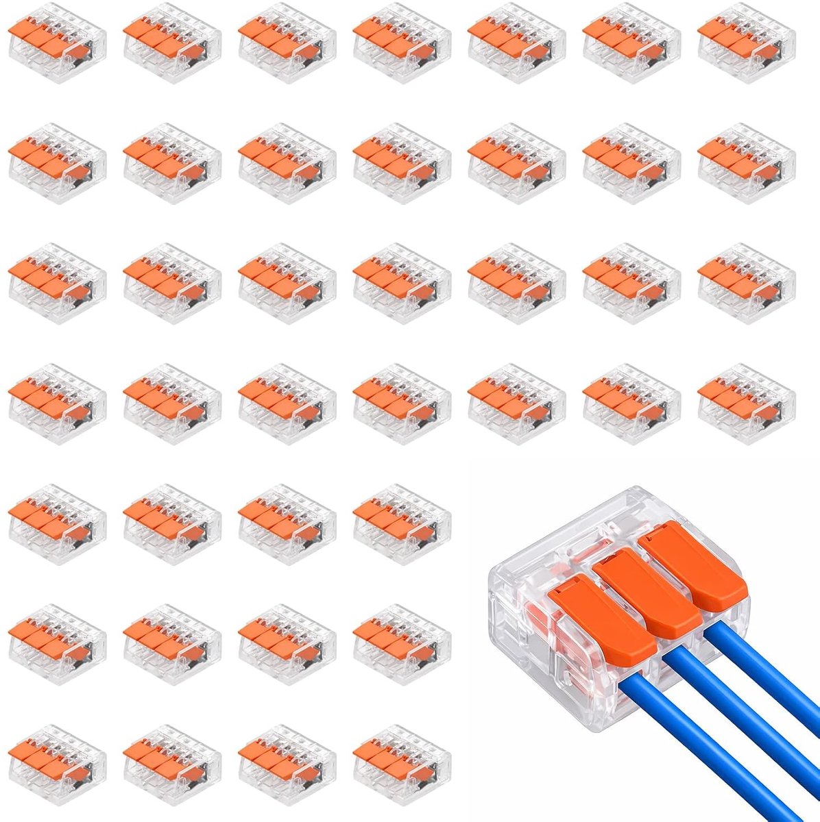 40 stuks elektrische kabelklemmen, 3-polig, insteekbare kroonluchterklemmen, kabelverbinders, 3-polig, klemmen, elektrisch met bedieningshendel voor elektrische installatie en