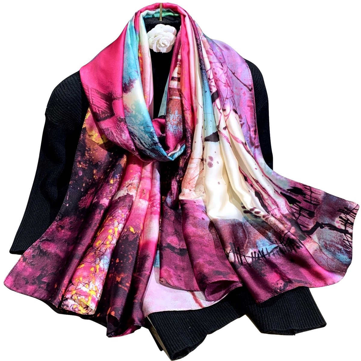 Omgoods - Paarse Zijde Sjaal met Schilderij Motief - Dames Vintage Shawl