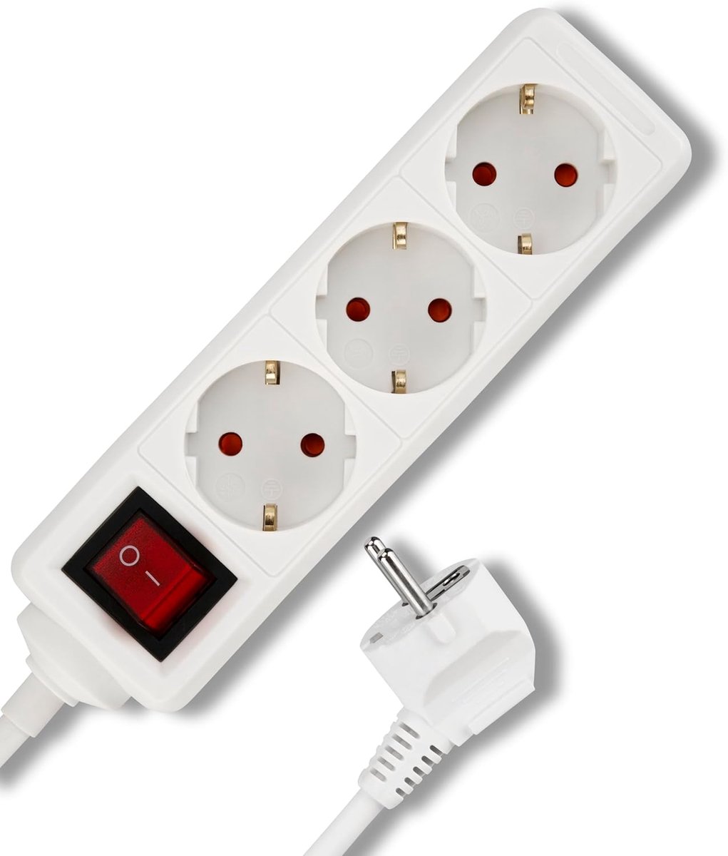 Stekkerdoos - meervoudige stekkerdoos 3-voudig met verlichte schakelaar om energie te besparen, kabel 1,4 m, 3500 W, wit