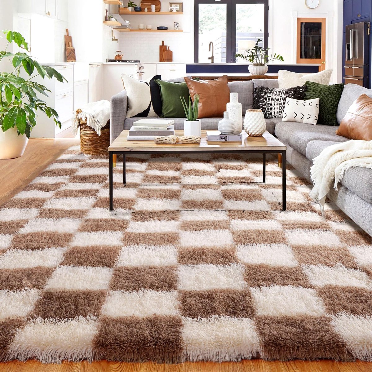 Omgoods - Checkered Vloerkleed 150x210cm Bruin en Wit - Zacht en Fluffy