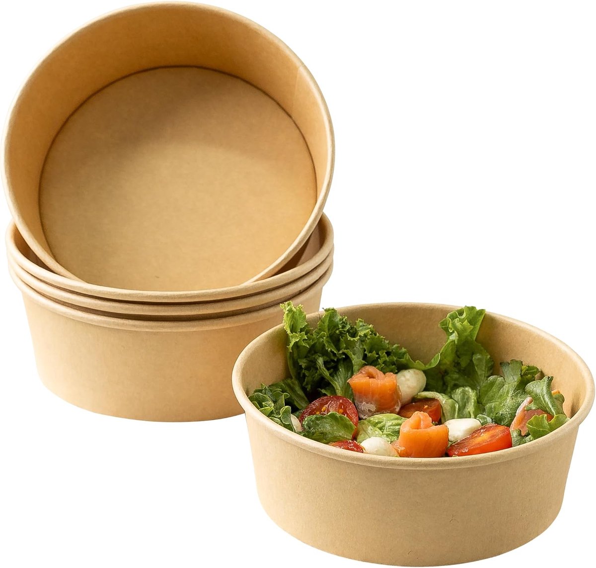 Saladekommen 50 stuks 1300 ml | Wegwerp ronde papieren kommen, duurzame voedselcontainers voor salades, snacks, maaltijden, ideaal voor koude en warme gerechten