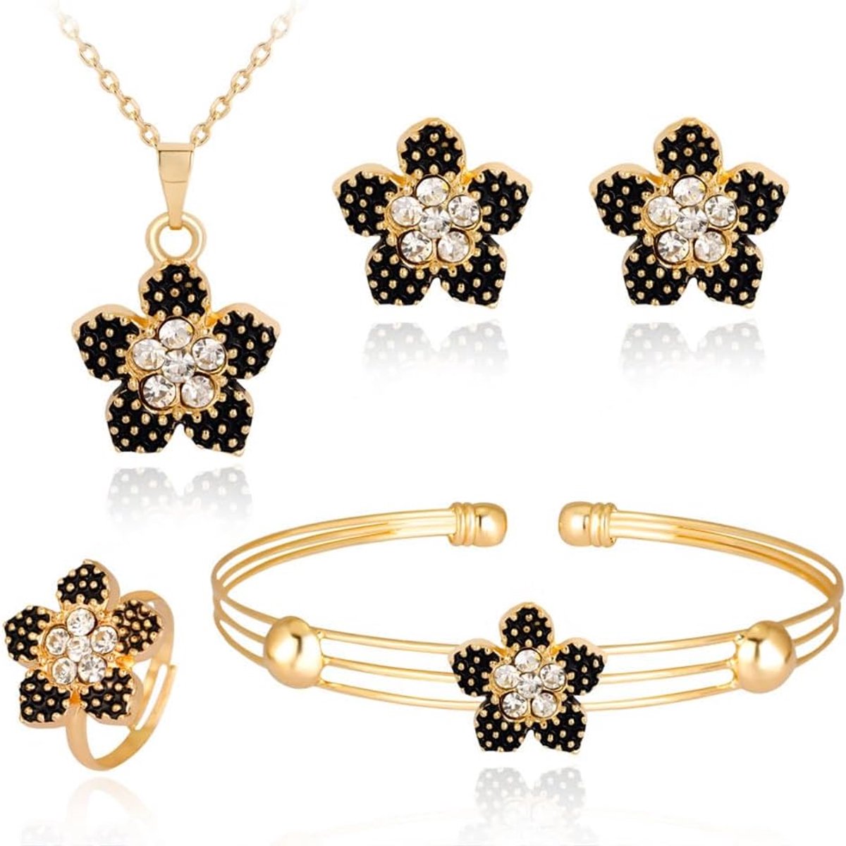 4 stuks gelukskristallen bloemenset gouden halsketting oorbellen ring armbanden sieraden vijf vellen klaverblad accessoires geschenken voor vrouwen meisjes, Eén maat, Metaal, Kristal