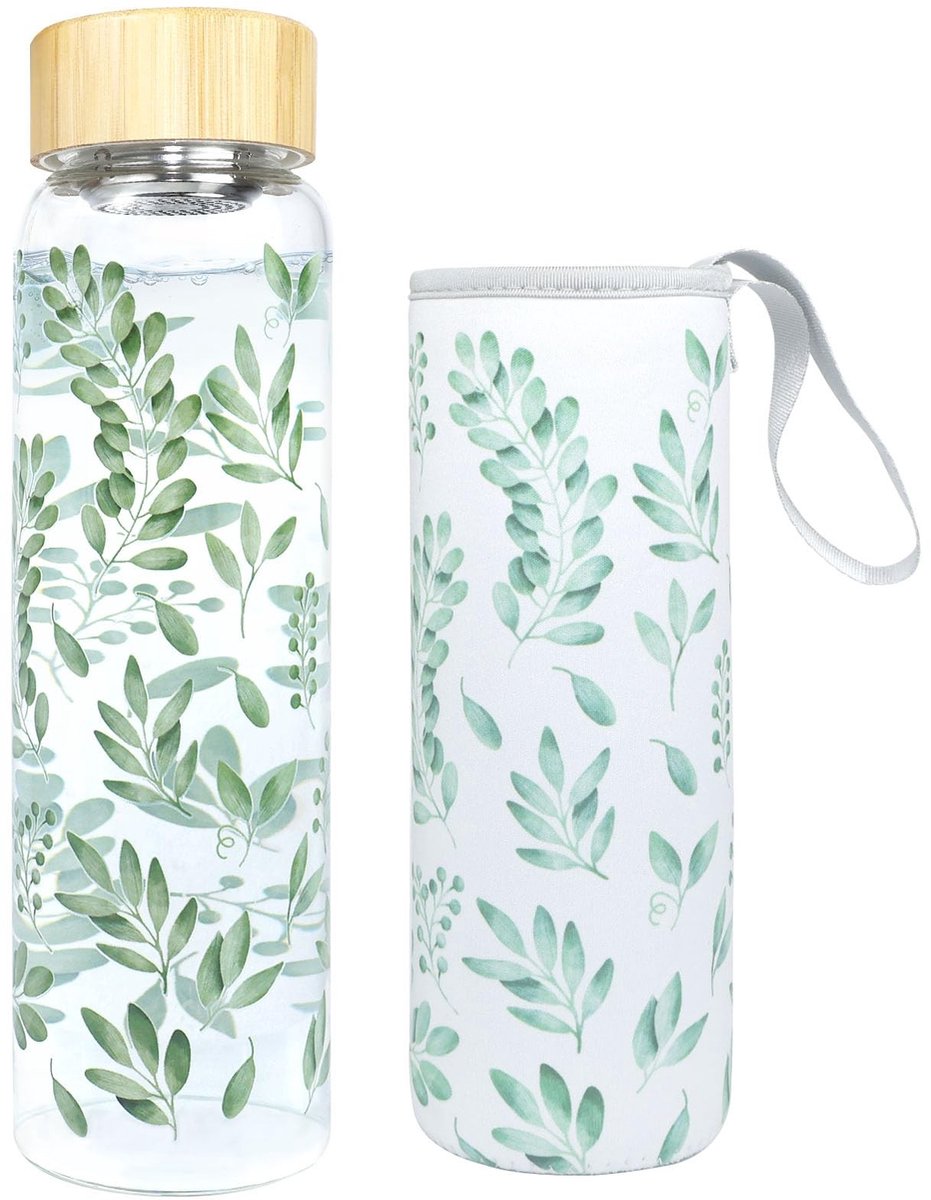 Omgoods - 1 Liter Glazen Waterfles met Eucalyptus Hoes en Lekvrije Deksel