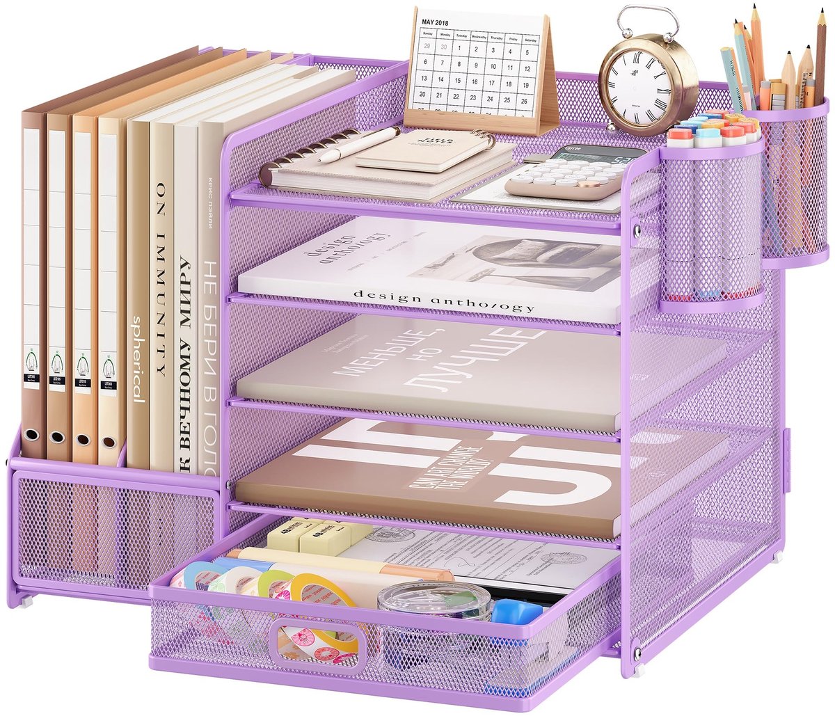 Omgoods - Desk Organiser met 5 Laags Letterbak en Lades - Kantooroplossing voor A4 Documenten (Paars)