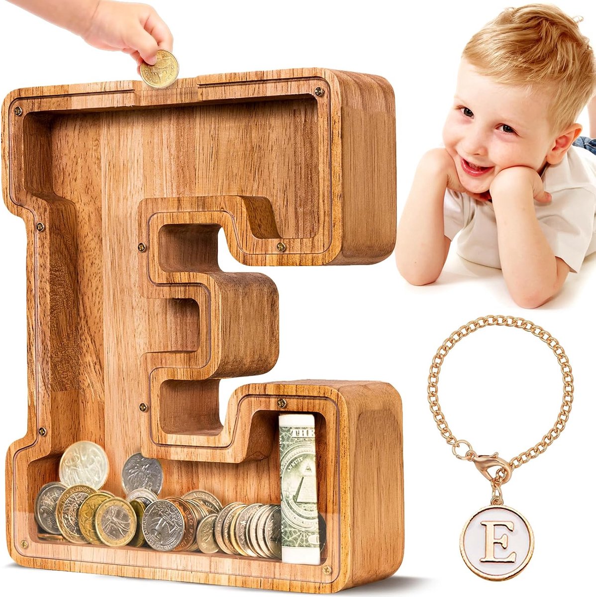 Houten Letter Piggy Bank| Spaarvarken voor Jongens Meisjes Peuter | Alfabet E Money Bank| Coin Bank Verjaardagscadeau voor kinderen|Kindercadeau (Initial-E)