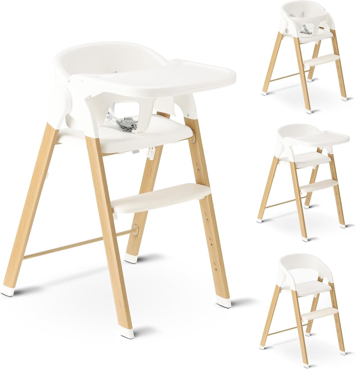 Kinderstoel Baby & Peuter - Opvouwbare Meegroeiende houten kinderstoel - Inclusief 5-punts gordel - In hoogte verstelbaar & inklapbaar - Incl. Veiligheidsgordel & Dienblad - Wit/Hout