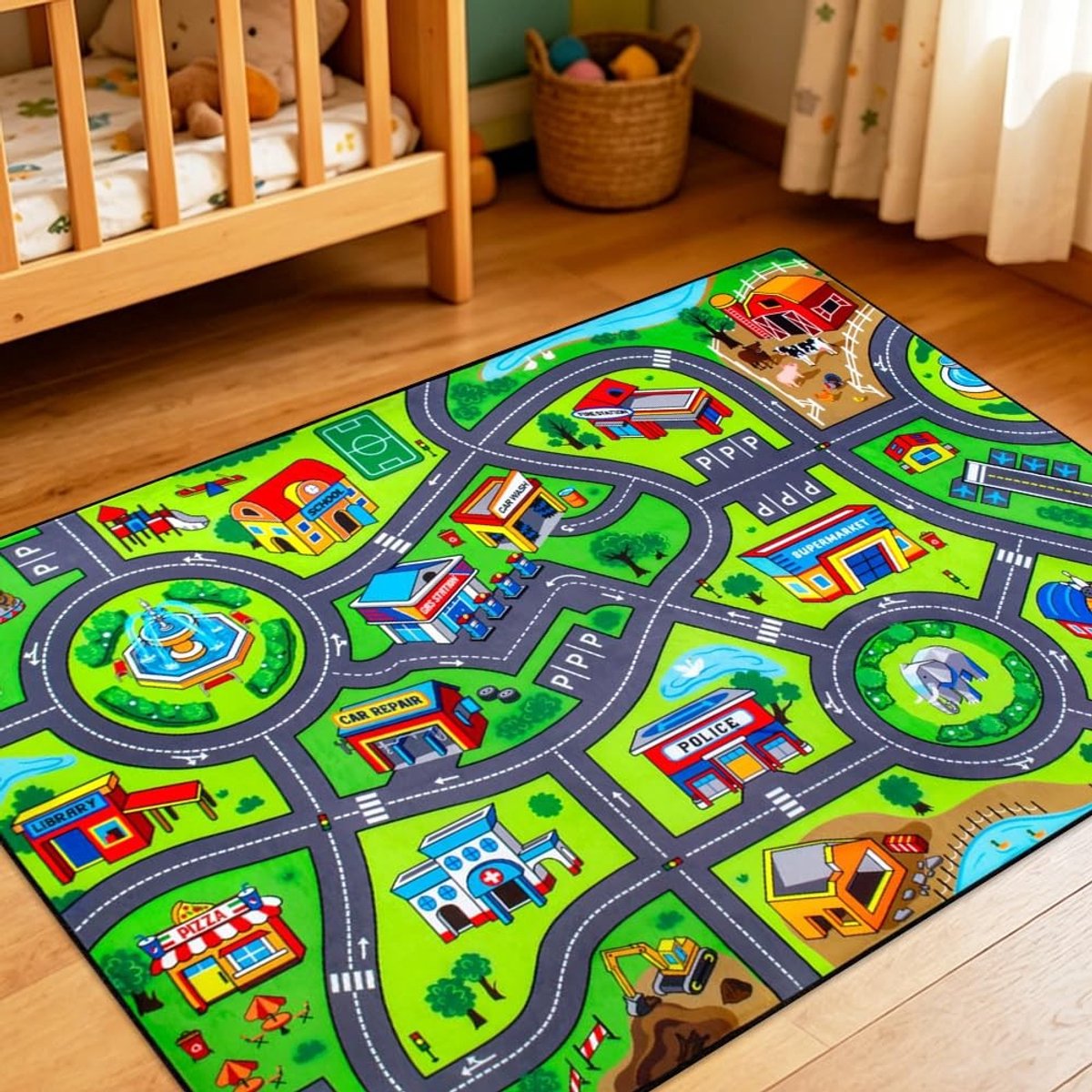 Omgoods - Wasbare Kinderspeelmat 80 x 120 cm - Stadsstraten Ontwerp