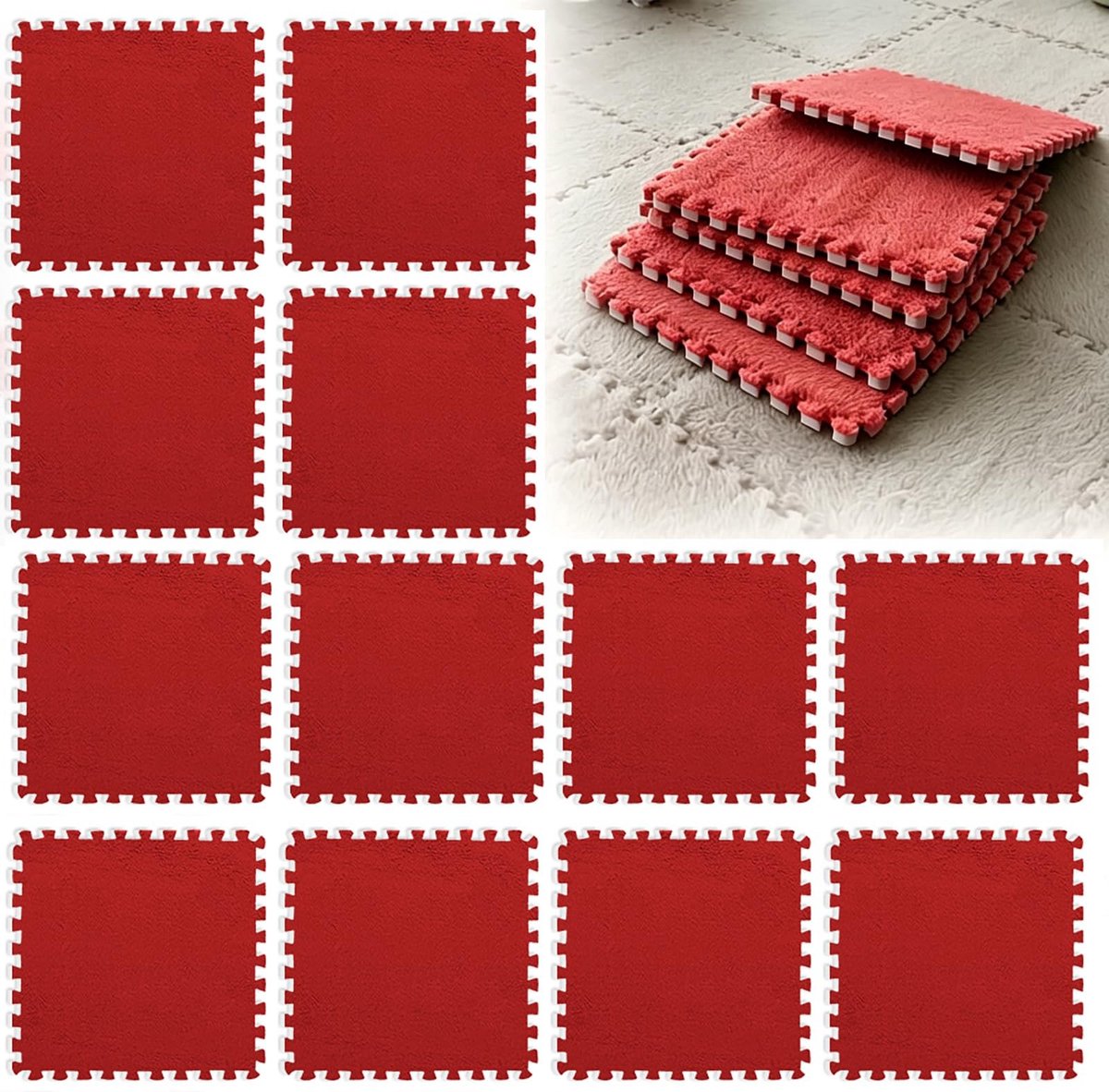 Omgoods - Set van 12 Pluche Schuimrubberen Vloermatten 30 x 30 cm Rood