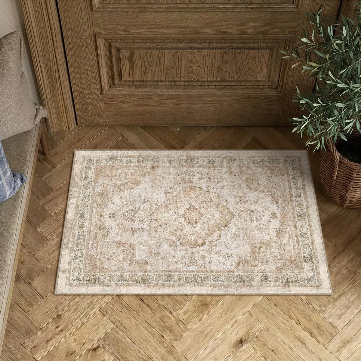 Omgoods - Vintage Antislip Vloerkleed - Machinewasbaar 60x90 cm Beige