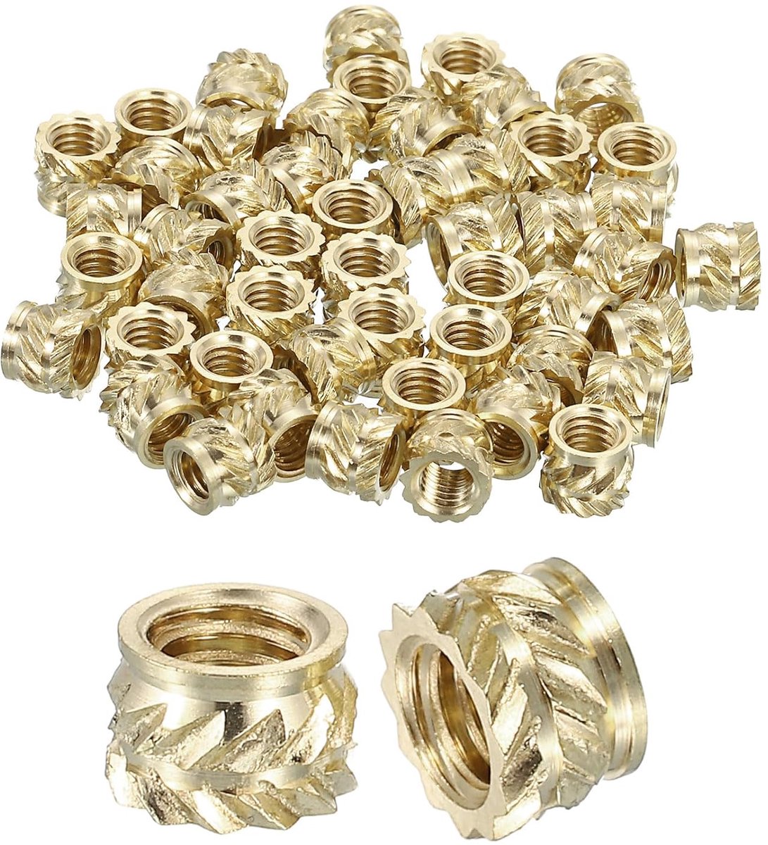Gekartelde insteekmoeren, 50 stuks M4 x 4 mm L x 6 mm Ø 3D-print messing moeren vrouwelijke schroefdraad inzetstukken messing heat set inbedmoeren
