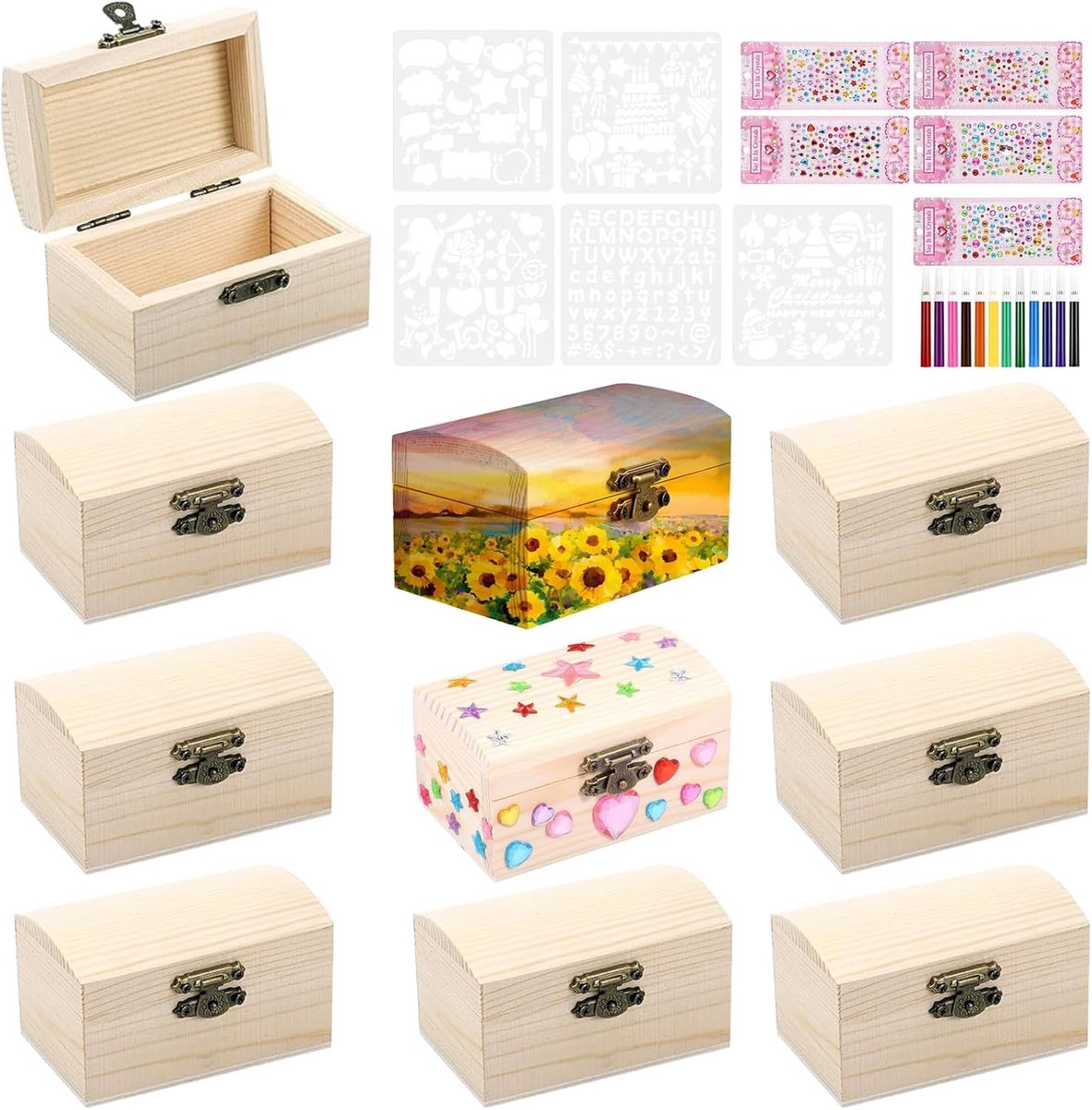 10 stuks schatkist voor kinderverjaardag, houten knutselset, kleine schatkist voor kinderen, houten kistje met deksel, klein voor knutselen, verjaardag, oceaan, piratenfeest, doe-het-zelf