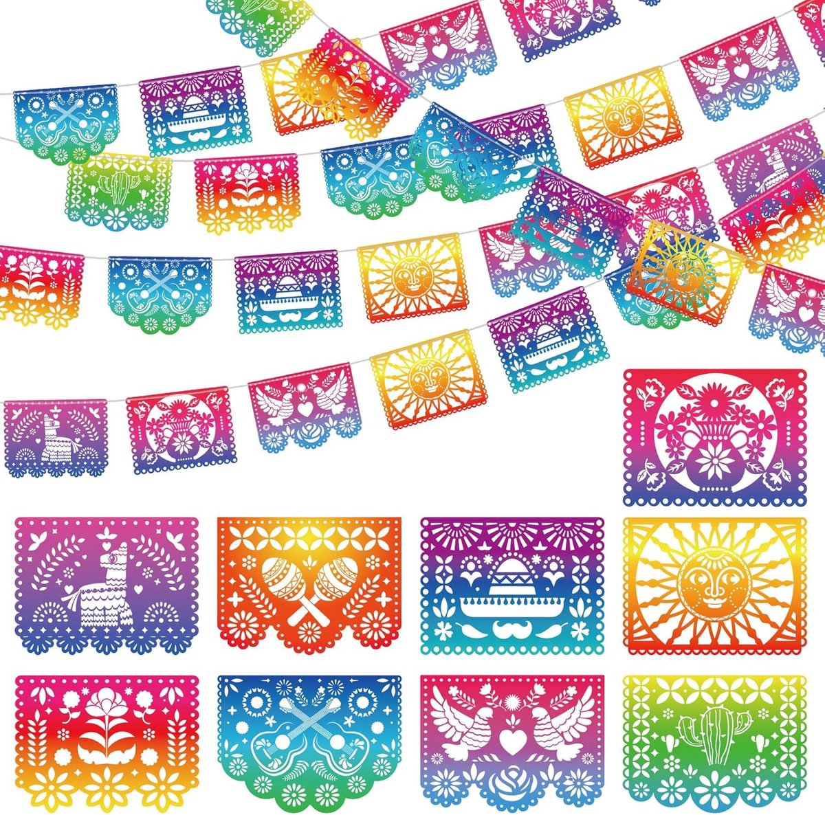 Banners, iriserende plastic papieren picado-banner Cinco de Mayo, decoratie, fiesta-slinger, voor Dia De Los Muertos-decoratie, Fiesta, verjaardag, babyshower