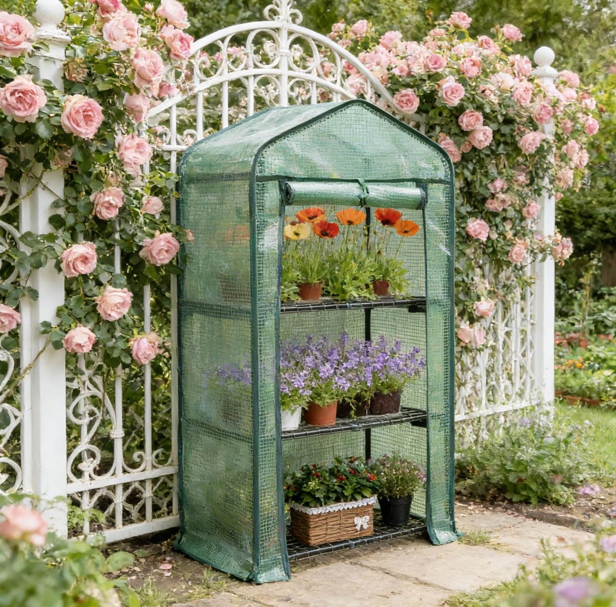 COVREO Tuinkas 69 x 49 x 125 cm groen, van metaal en polyetheen met 3 planken