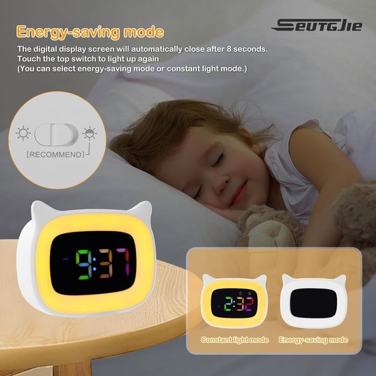 Kinderwekker Nachtlamp - Digitale Klok - Kind Wakker Houden - RGB Kleuren Verlichting - 12/24 Uurs Instelling - Wit — afbeelding 4