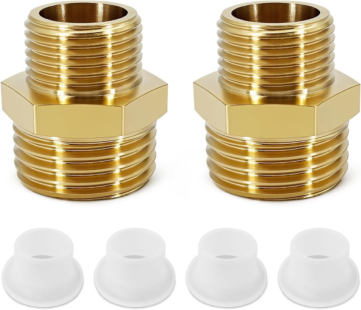 Set van 2 reductiestukken, in messing, 1,27 cm tot 0,95 cm, reductie-adapter 1,27 cm naar 0,95 cm, buitendraad messing, buisinstallatie, geleverd met 4 ruwe siliconen banden