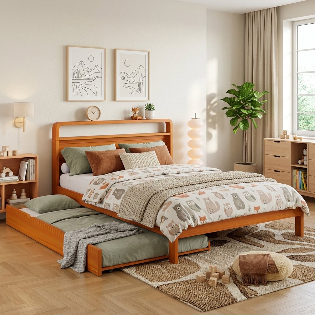 MIVRAY Houten Bed 140x200 cm met Uitschuifbed 90x190 cm - Normaal Bed met Rond Hoofdeinde - Met Logeerbed - Zonder Matras - Natuurlijk