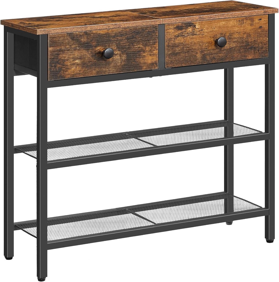 Smalle consoletafel, 75 cm gangtafel met lade en 2-traps opbergvakken, bijzettafel, kleine displaytafel, sofatafel, ingang, gang, Rustiek Bruin en Zwart EBF72XG01