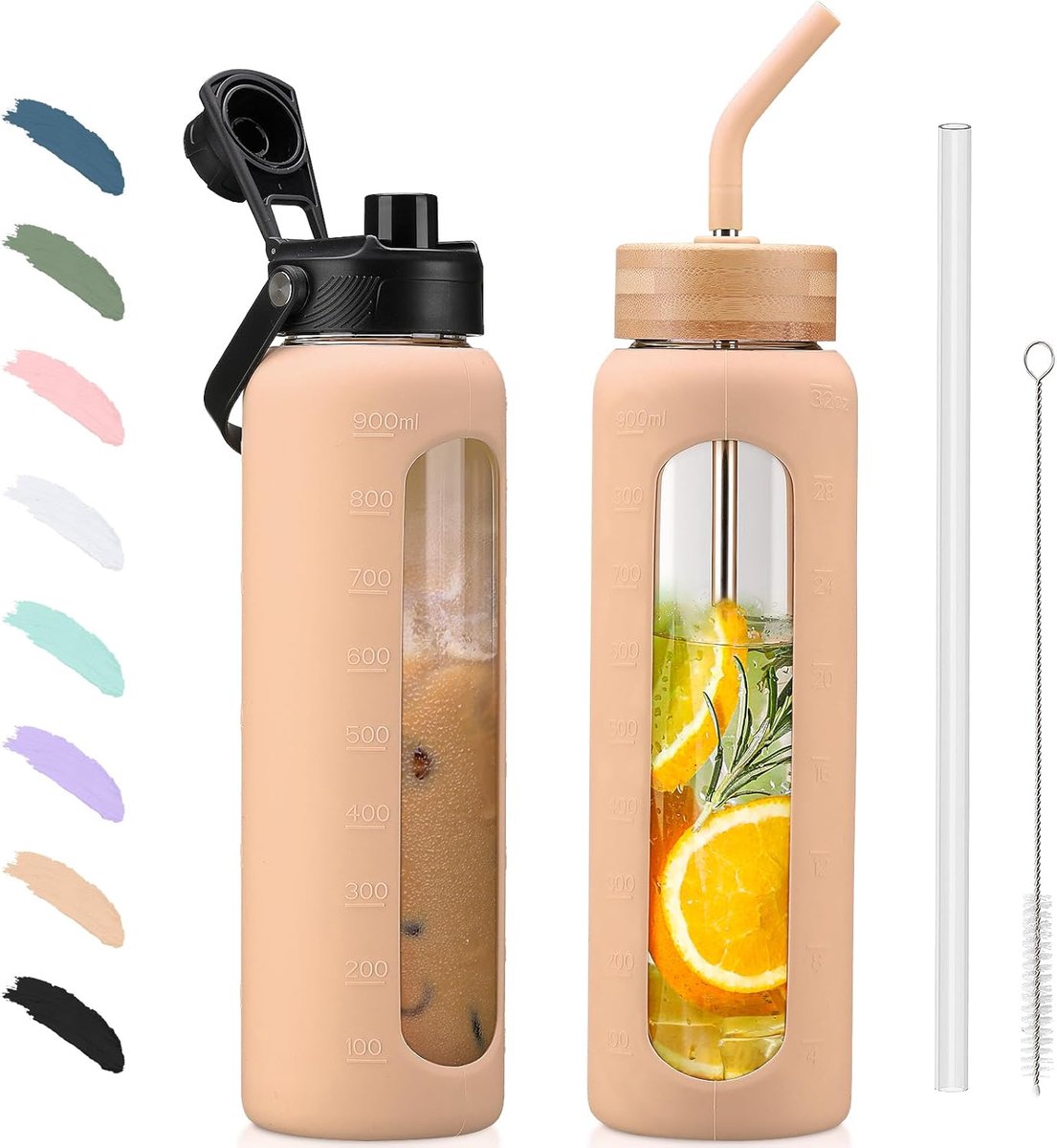 900 ml glazen waterfles met rietje en 2 deksels glazen koffiekop met tijdmarkering en siliconen beschermer glazen beker voor dranken Soda Cola BPA-vrij, Amber
