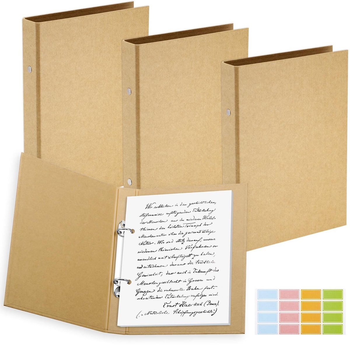 Omgoods - 4 Stuks A5 Ringbinders met Zelfklevend Label - Herbruikbare Kraft Papier Mappen voor Journal en Kantoor