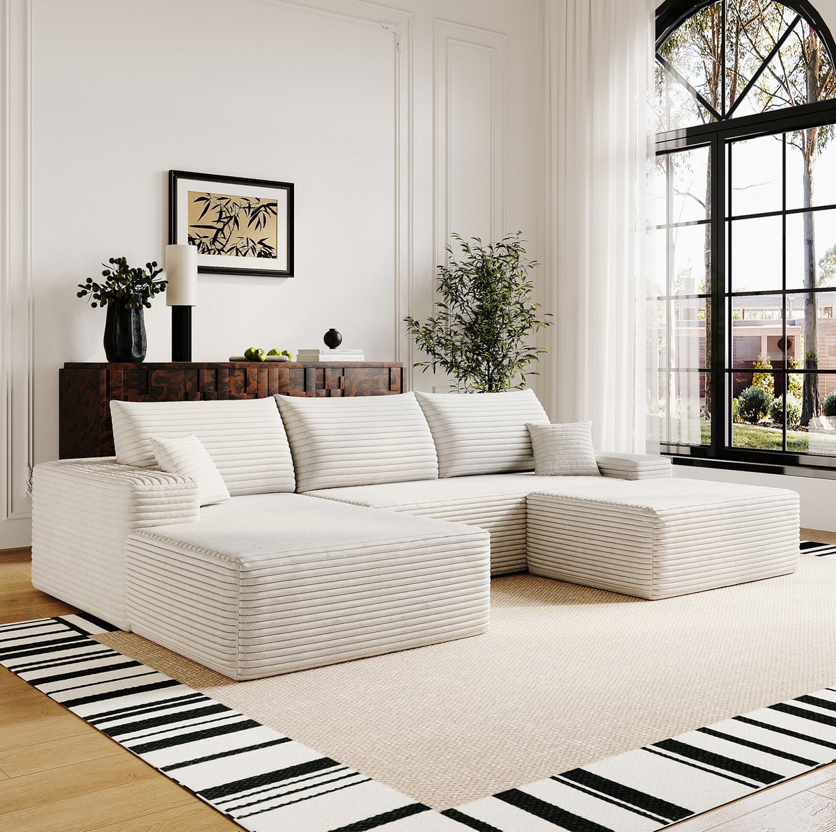FloraGrace Hoekbank 270 x 175 cm - 4-Zits Modulair Met L-Vormige Chaise Longue - Zonder Montage - Ribfluweel - Wit