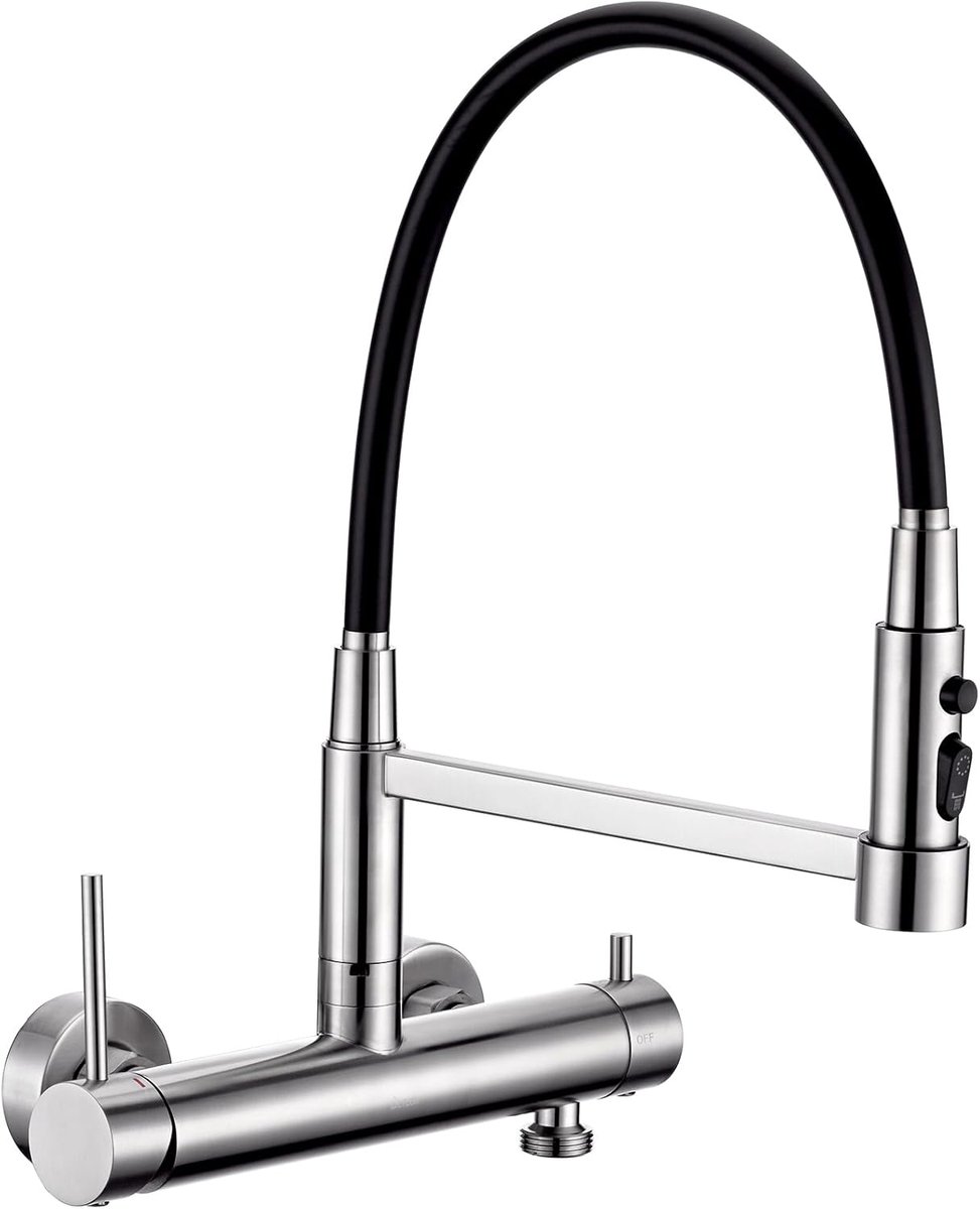 keuken wandmontage met 3/4 inch aansluiting, geborsteld | Wandkraan keuken met 3 straalsoorten, keukenkraan muur met flexibele uitloop voor vaatwasser/wasmachine, roestvrij staal