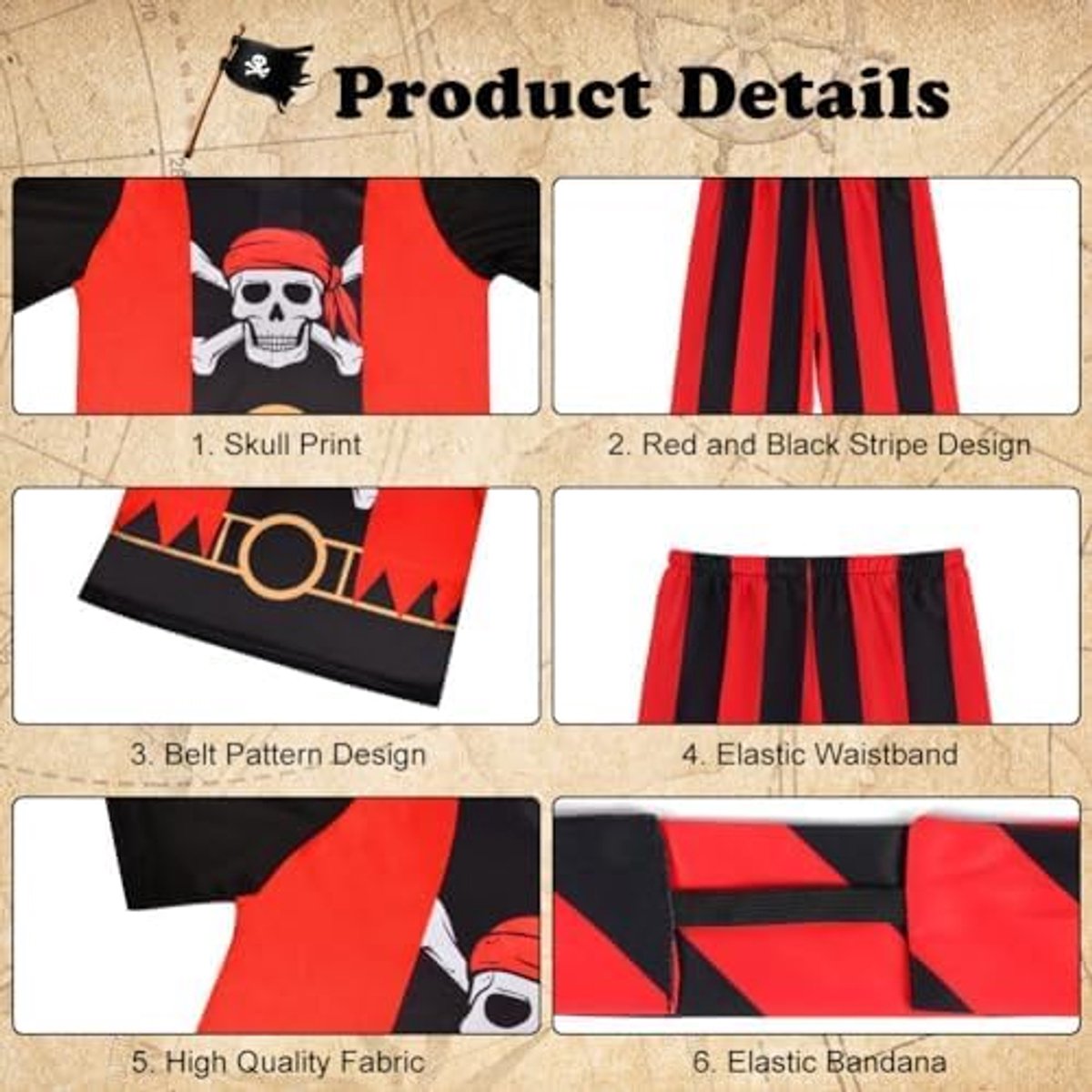 Piratenkostuum voor kinderen, piratenkostuum voor jongens, piratenkapitain-outfit set inclusief top, broek, ooglapper, hoofdband, piratenrollenspel, verkleedpartij voor verjaardagsfeestje