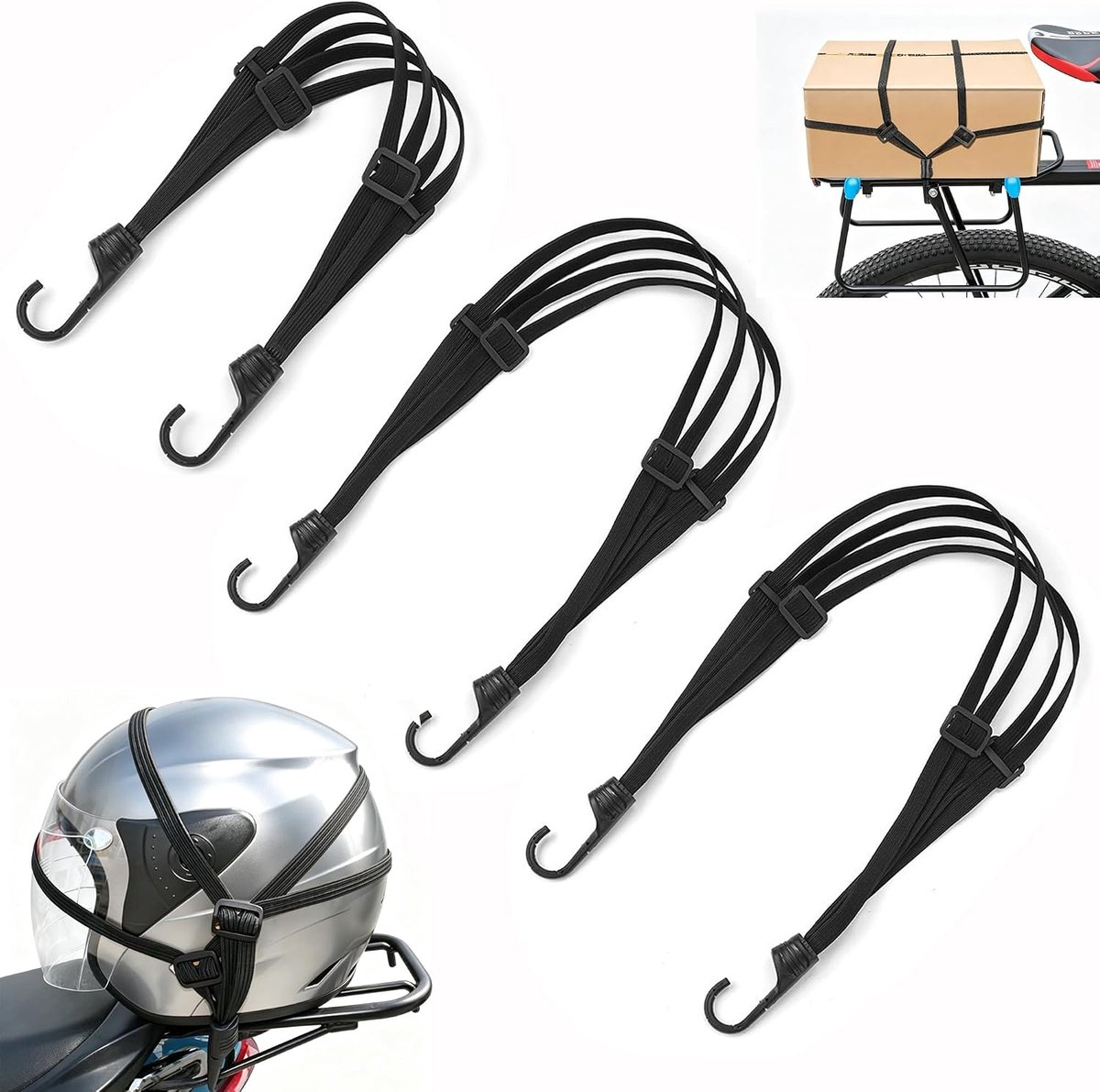 duoyif Bagagespanner motorfiets fiets met haken, 3-delig, 60-170 cm | Elastische riemen met haken voor fiets, motorfiets, camping, reizen, bagagedrager, helm