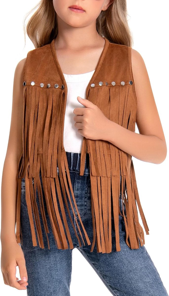 Franjevest voor meisjes, hippie, western cowboy, vest, klinknagels, kunstleer, franjes, vest, jaren 60, 70-outfit, kinderen van 5-12 jaar
