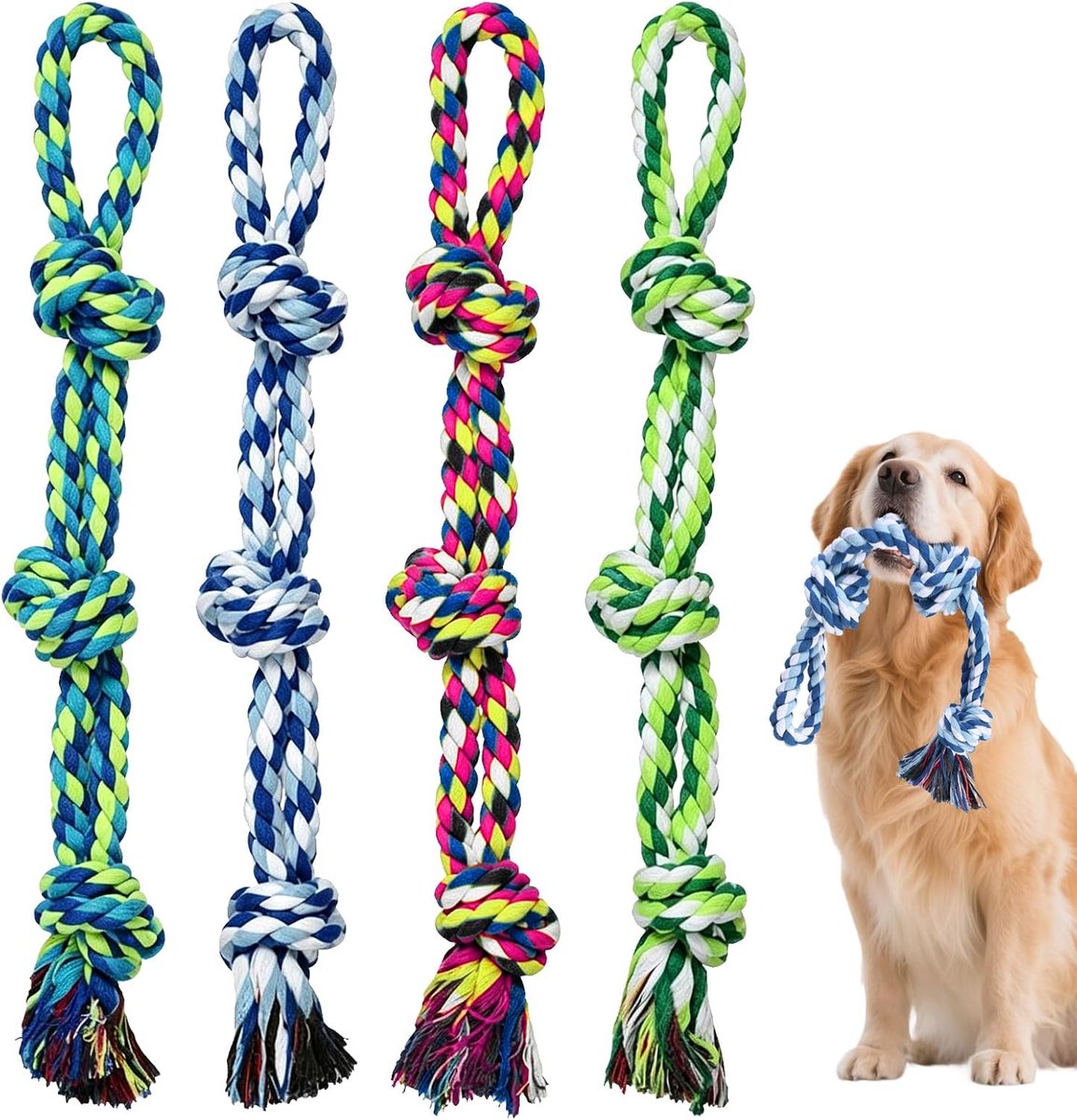 touw, set van 4 touwspeelgoed, 55 cm, interactief touwspeelgoed, robuust gedraaide hondentouw, speelgoedset met 3 knopen voor middelgrote grote honden en agressieve kauwers