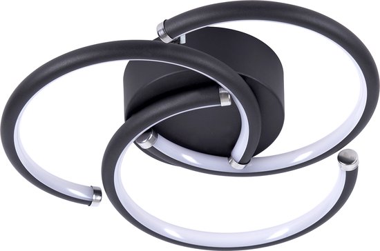 Moderne zwarte plafondlamp met drie in elkaar gedraaide ringen, geïntegreerde LED.