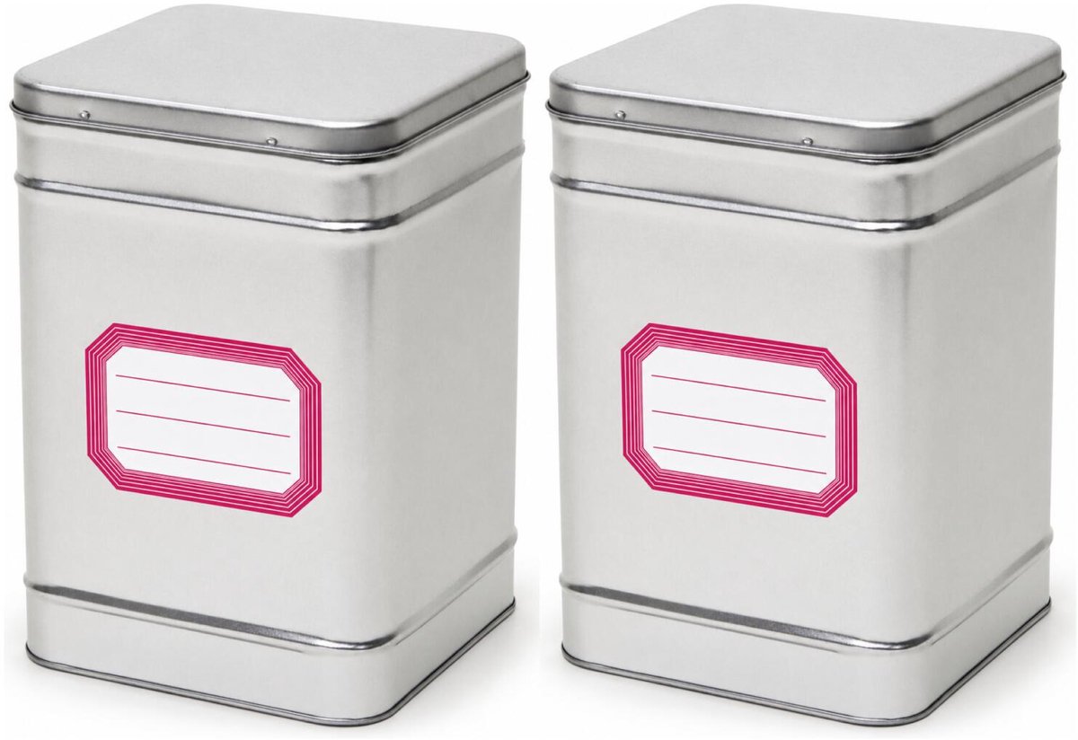 Bellatio Design 2x stuks opbergblikken van metaal - bewaarblik - zilver - 14 x 21 cm - met etiketten roze van 8.2 x 5.5 cm