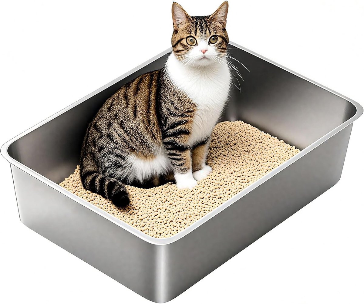 SnelShoppen – Roestvrij stalen kattenbak XXL, grote kattentoilet voor grote katten, open zonder deksel, Hop-in kattentoilet 60 x 40 x 15 cm, geurvrij,