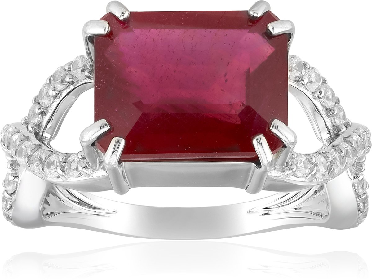 Cavill - 925 Sterling Zilver Ring met 6,143 ct Bemainty Robijn Octogonaal en 0,718 ct Zirkonen Pave - Platina Afwerking - Feestelijk Sieraad