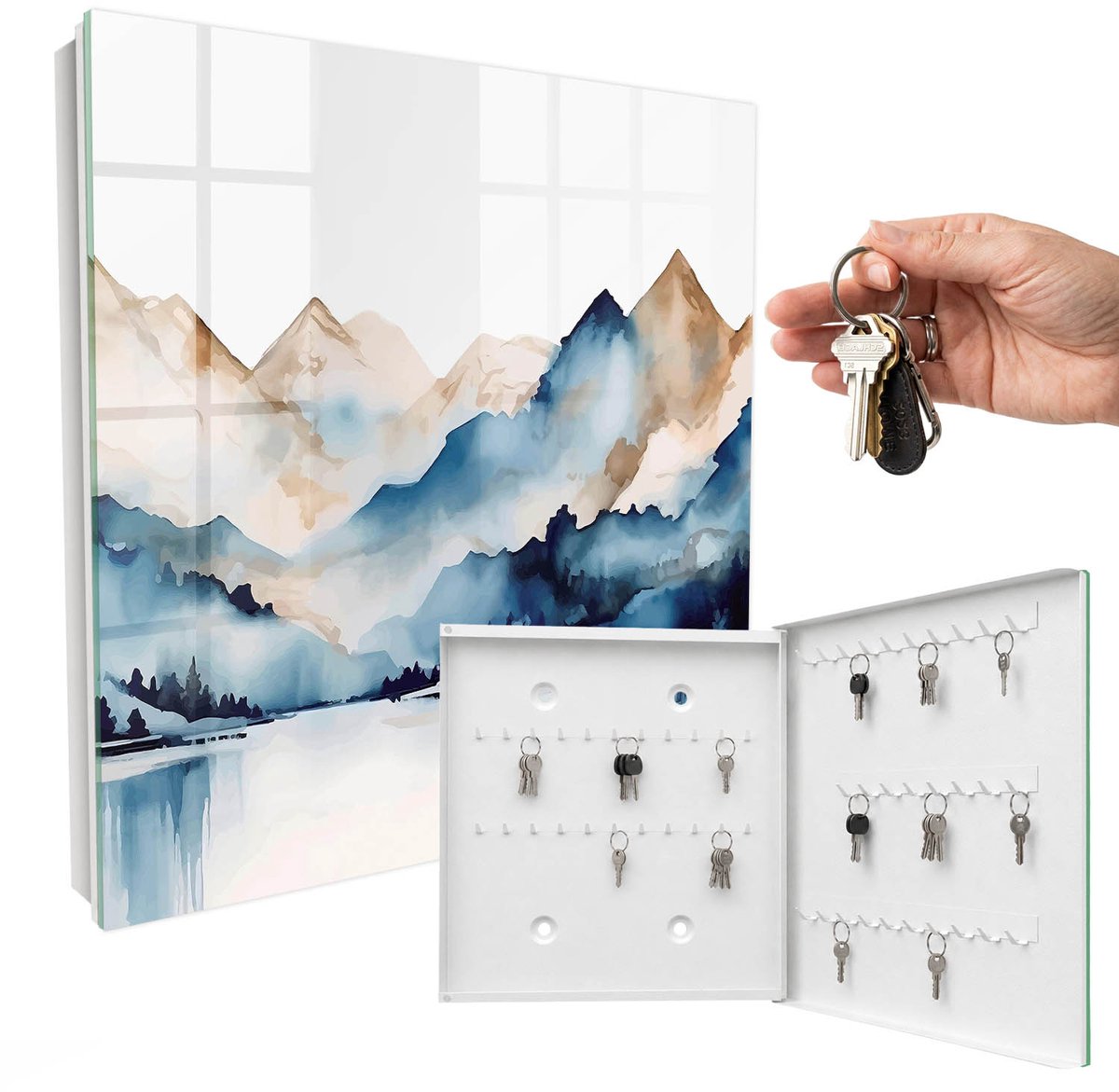 WallMuralia - Sleutelkast - 30x30x5 cm - met 50 haken - Aquarel Bergen Sleutelkastje Huis - Blauw Sleutelbox - Rechtsopenend - Wit interieur
