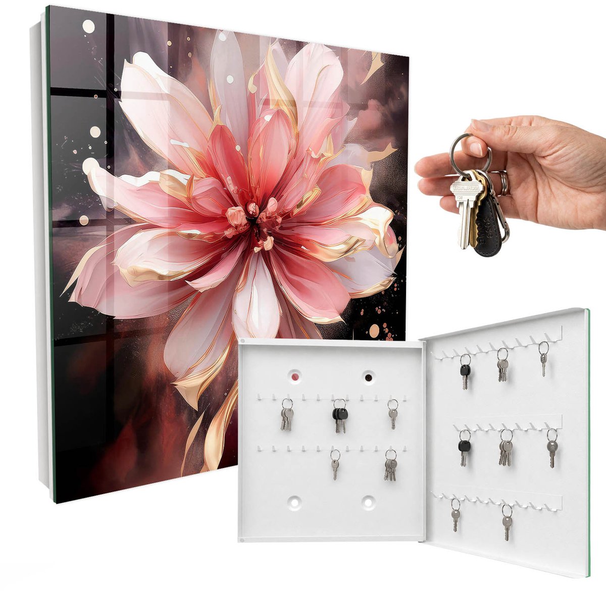 WallMuralia - Sleutelkast - 30x30x5 cm - met 50 haken - Roze Bloem Sleutelkastje Huis - Roze Sleutelbox - Rechtsopenend - Wit interieur