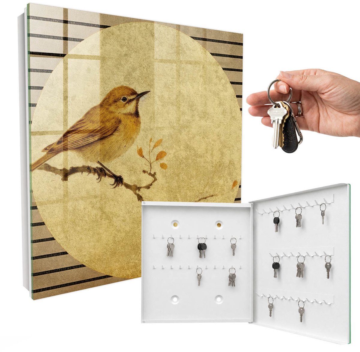 WallMuralia - Sleutelkast - 30x30x5 cm - met 50 haken - Crème Vogel Leuk Sleutelkastje - Romig Sleutelbox - Rechtsopenend - Wit interieur